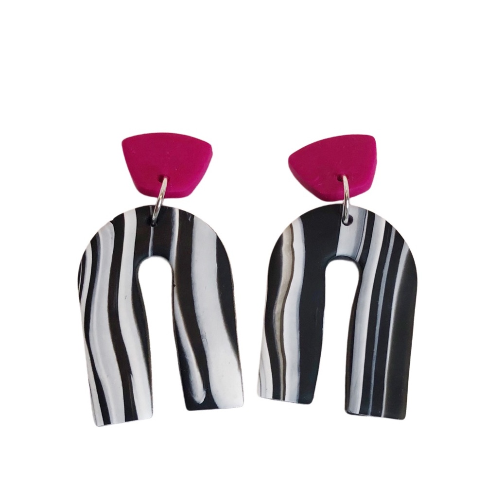 Pink and black/white stripe clay earrings